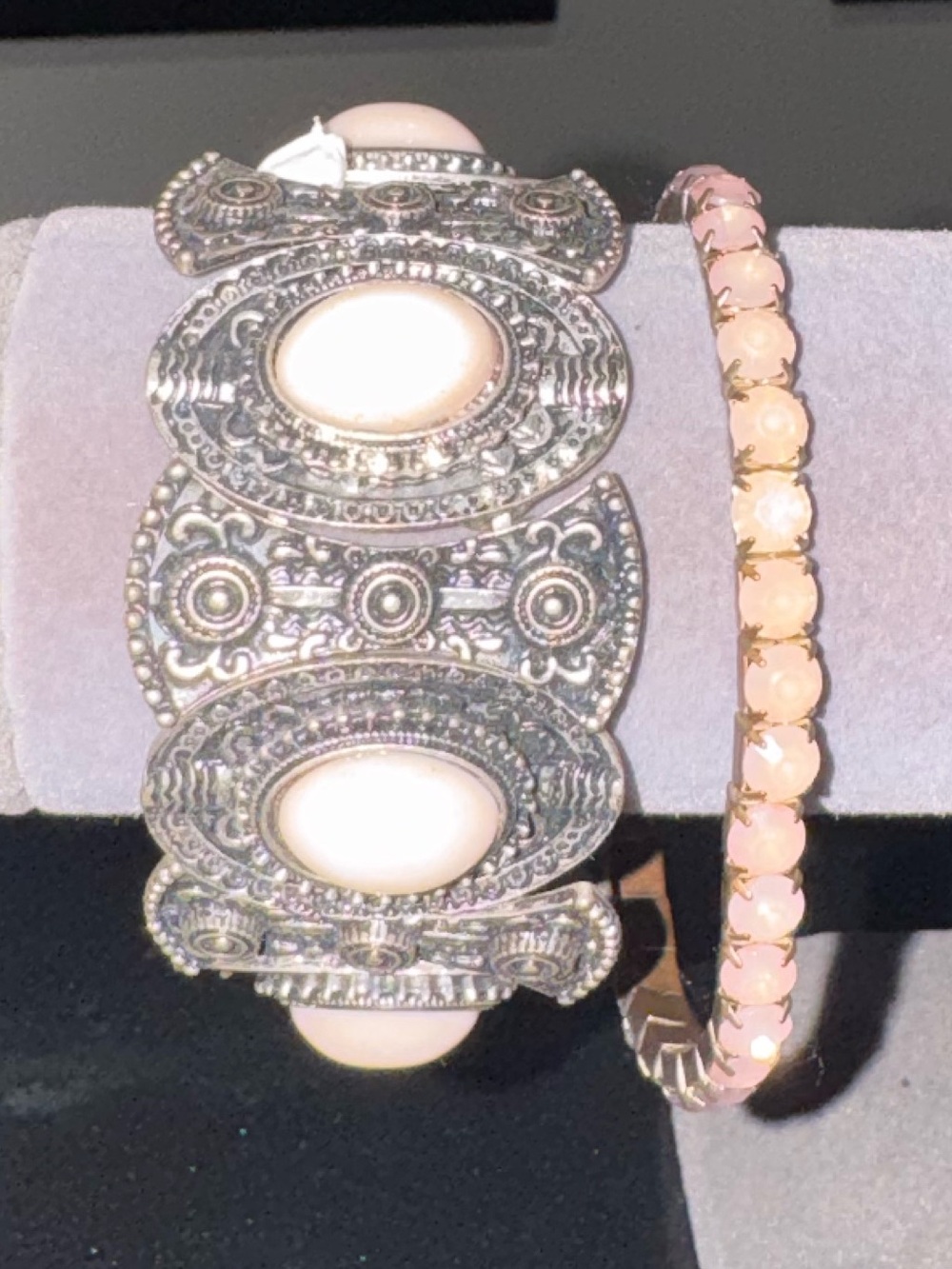 Pink Stone blush Silver Tone Filigree Bracelet Set antique stretch bangles